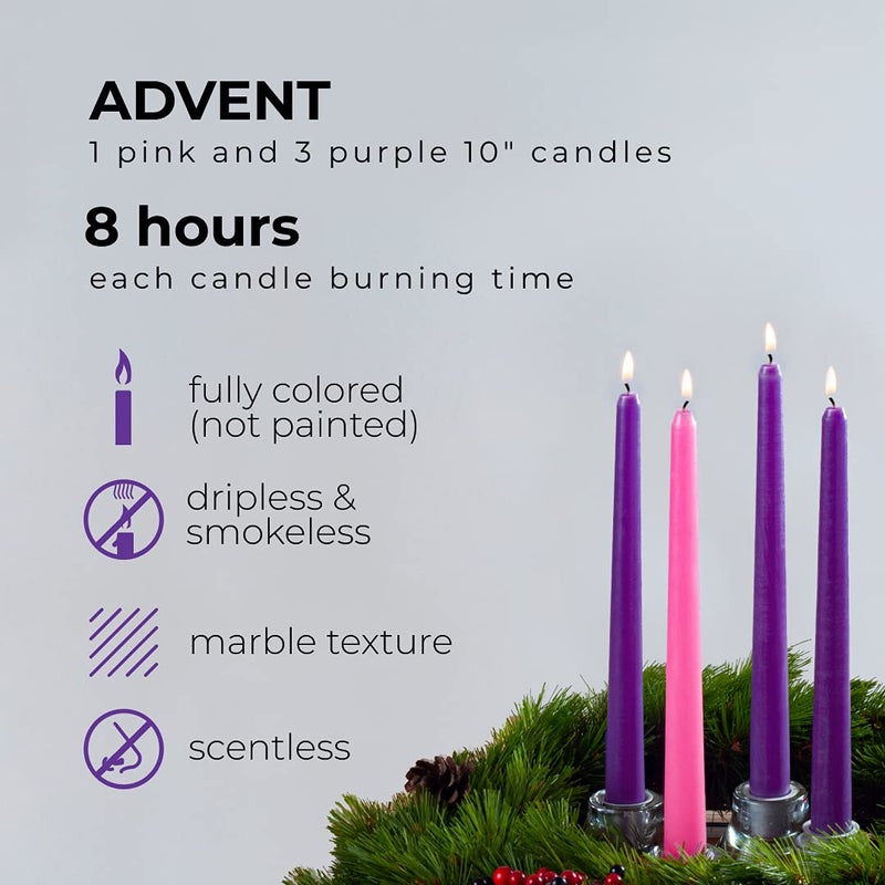 CANDWAX 10 Inch Taper Advent Candles - Dripless  Unscented  Long Burning - Perfect for Advent Wreaths - Purple - Image 2